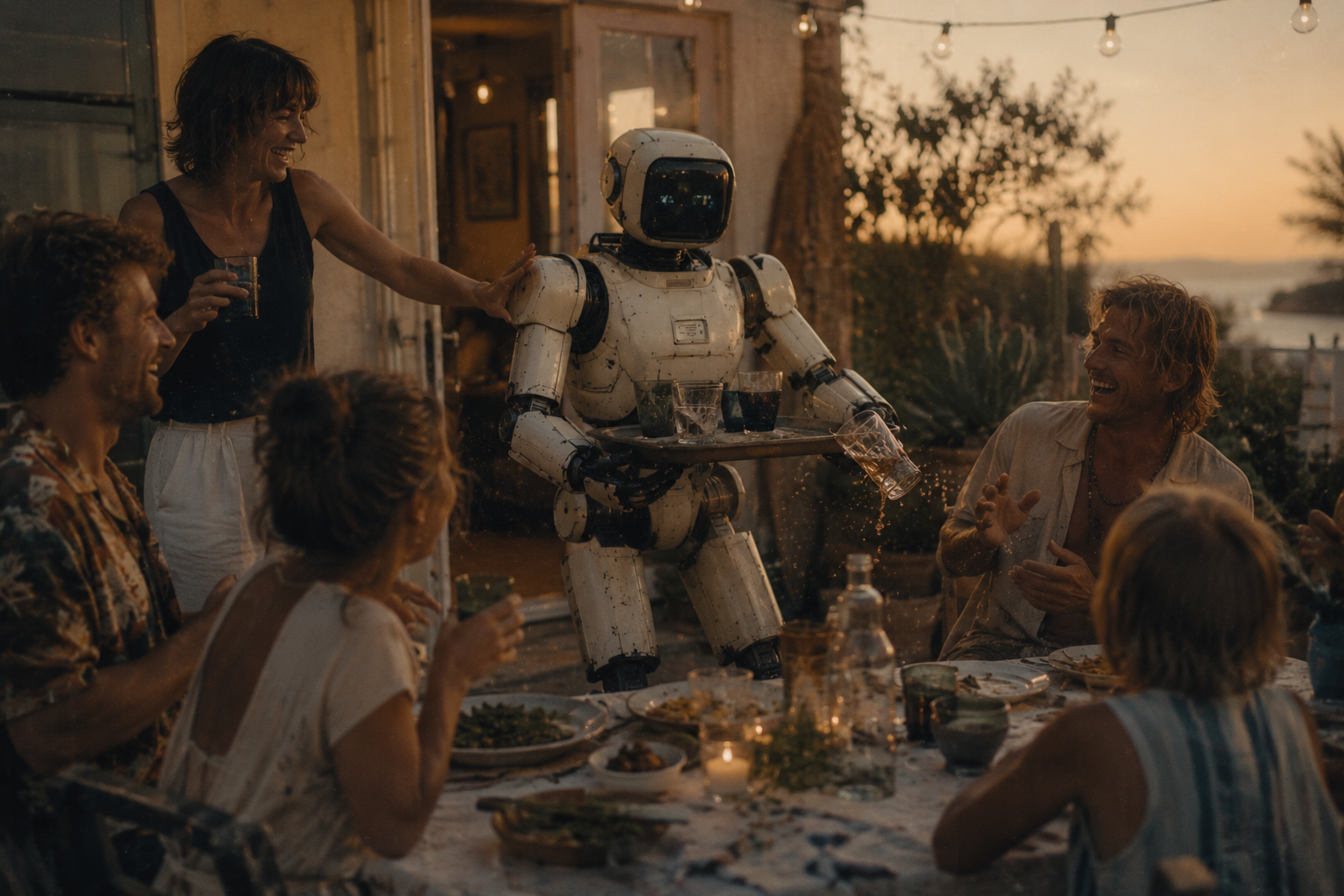 A household robot awkwardly spills a drink while serving at a sunset dinner party.