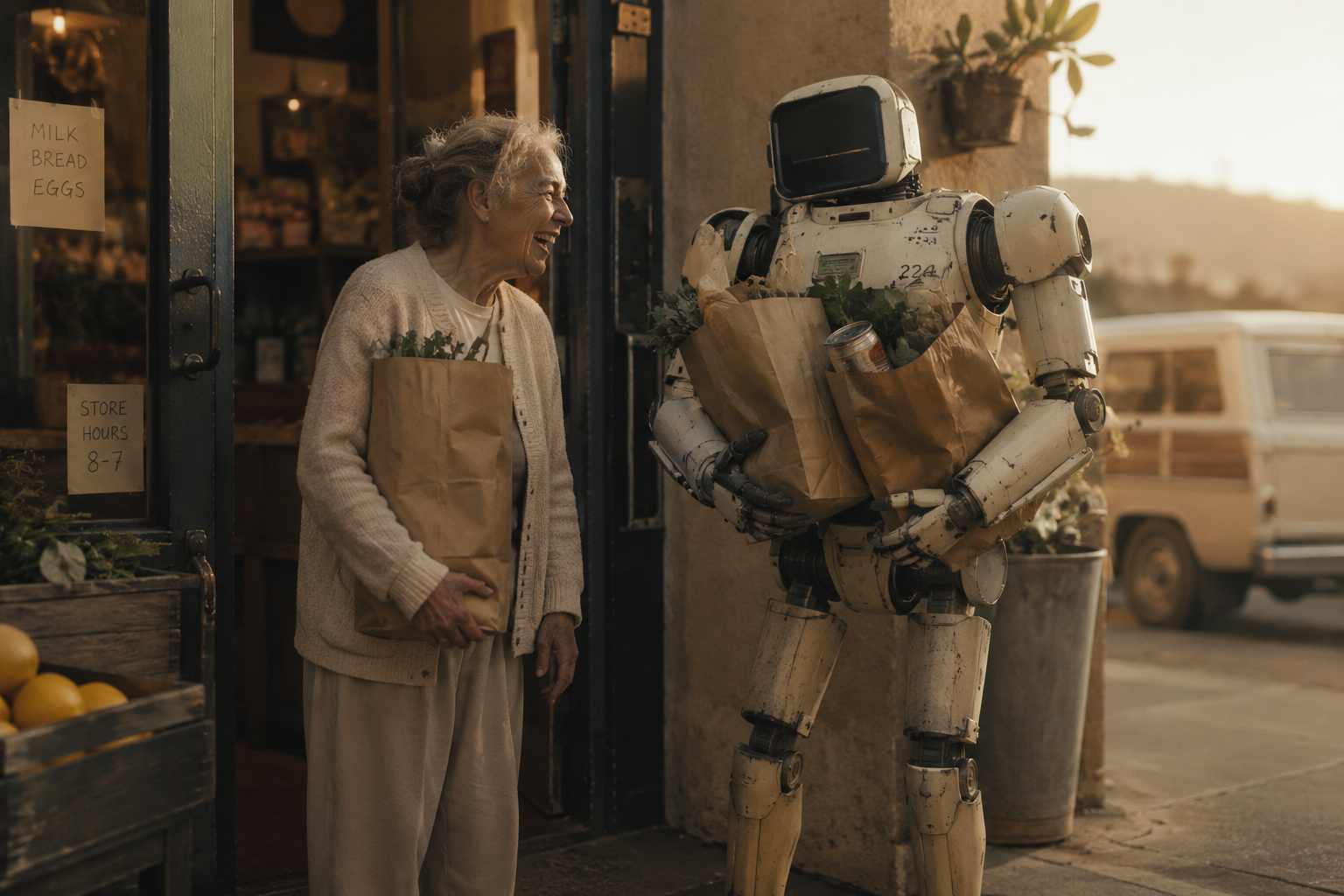 A robot stands frozen with grocery bags while an elderly woman laughs outside a neighborhood market.