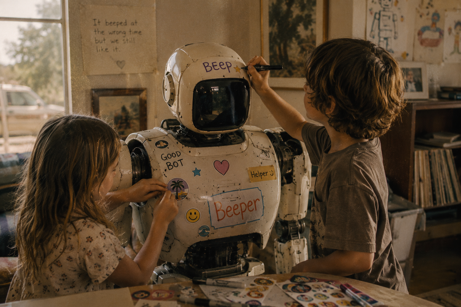Two children decorate a household robot with stickers, notes, and a hand-written name.