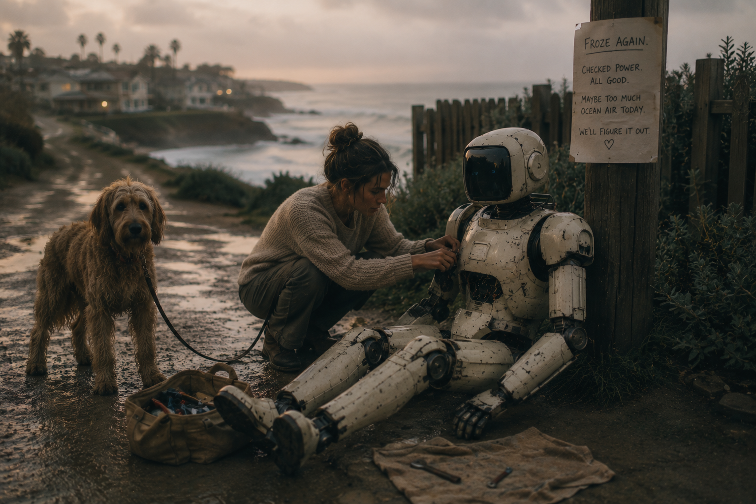 A woman repairs a frozen robot during a coastal dog walk at dusk beside a handwritten note.