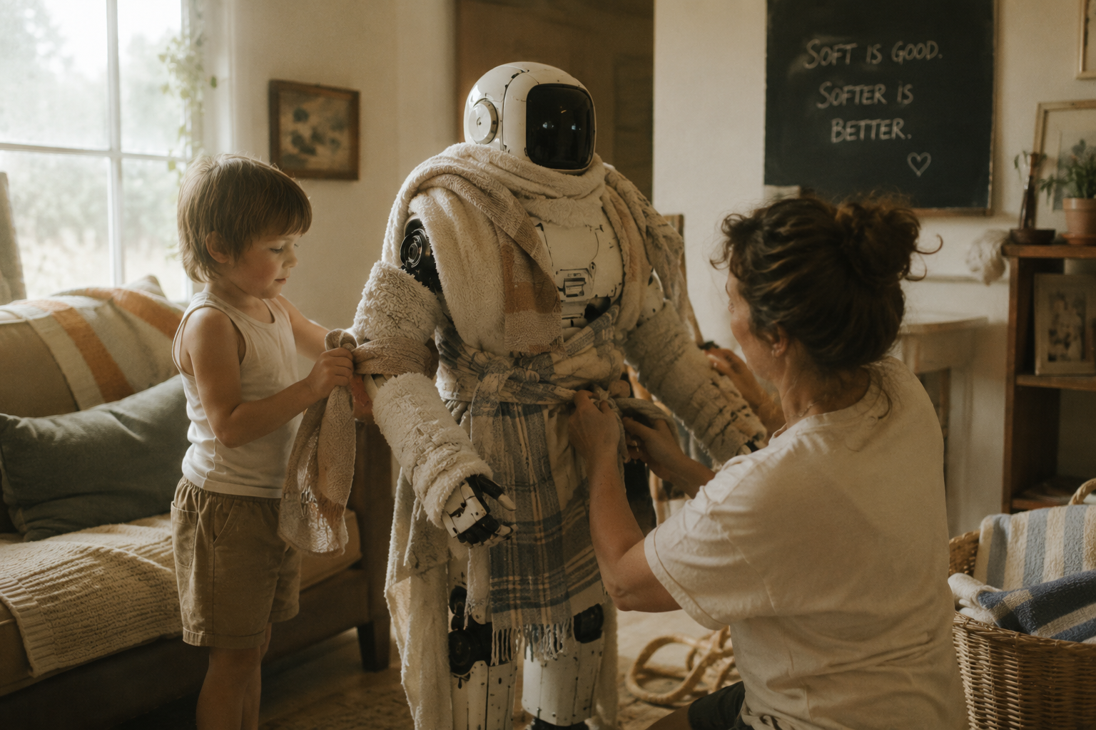 A family wraps towels and blankets around a robot's arms and body to make hugs softer and safer.