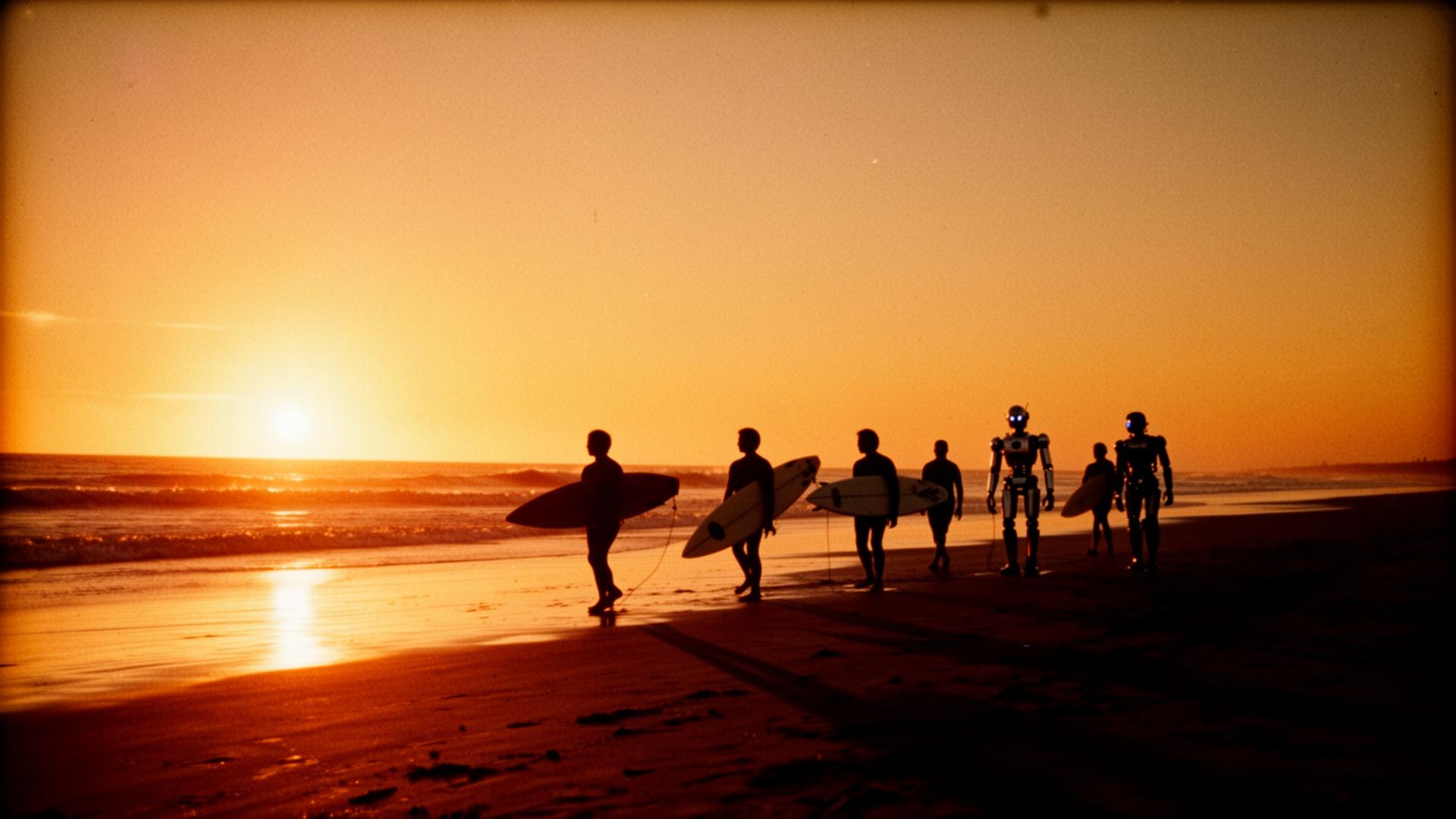 A small gathering of humans and humanoid beeps at the coast