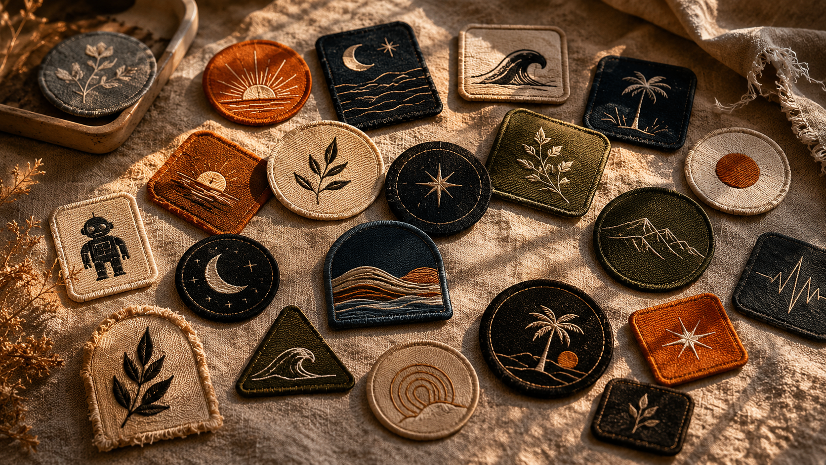 Embroidered patches and pins, flat lay